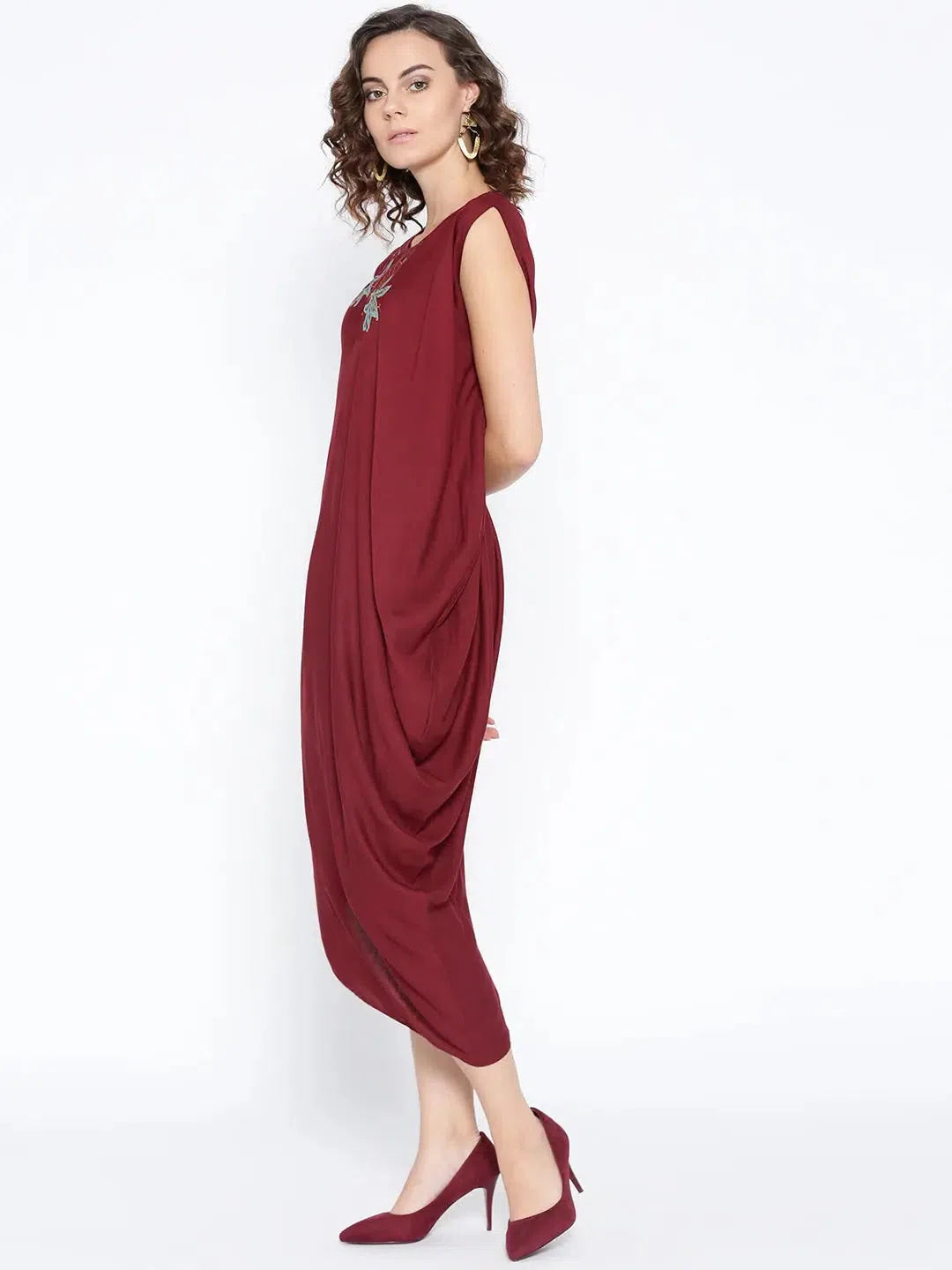 Affordable Women's Garments One side cowl asymettric dress with side floral print in Maroon