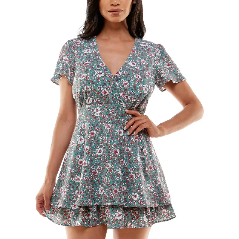 Women's Professional Apparel Emerald Sundae Womens Juniors Floral Print Short Fit & Flare Dress