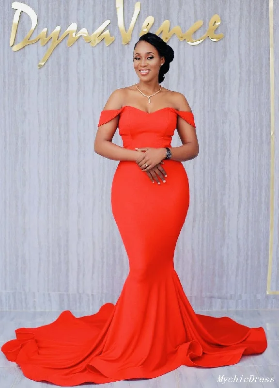 Women's Casual Apparel Hot Orange Wedding Guest Dresses Off the Shoulder Mermaid Evening Gowns