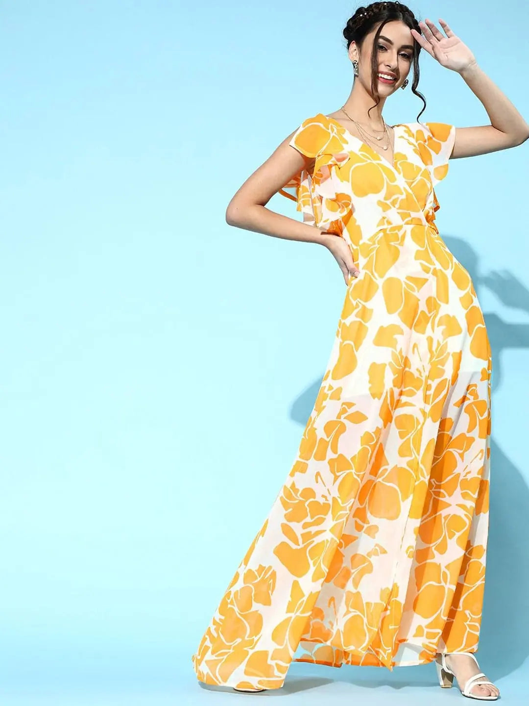 Women's Weekend Outfit Mustard Floral Frill Sleeve Maxi