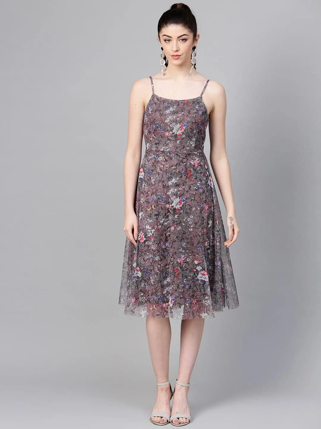 Women's Elegant Clothes Brown Mesh Floral Strappy Midi