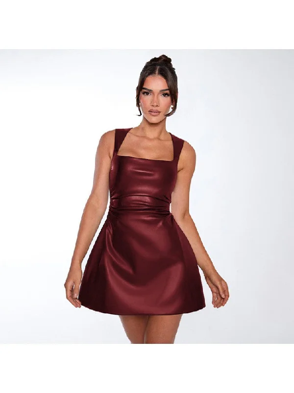 Women's Occasion Wear Clothes Ruched Square Neck PU Sleeveless Mini Dress