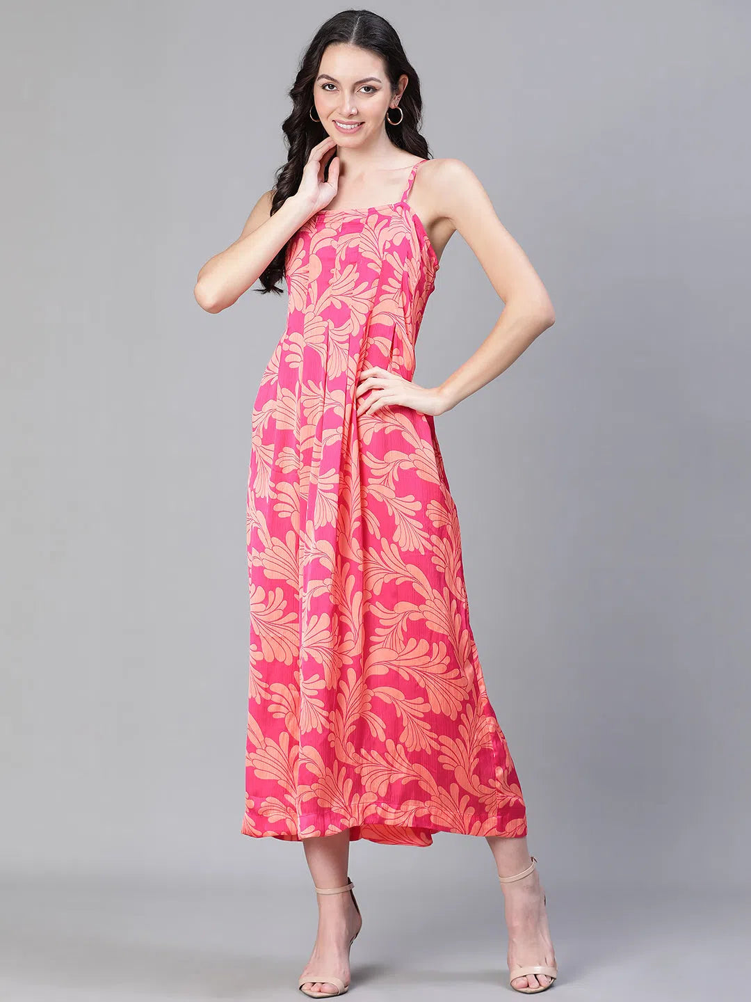 Women's Stylish Casual Garments Women Floral Print Shoulder Strapped Pink Long Dress-S23500WDR002