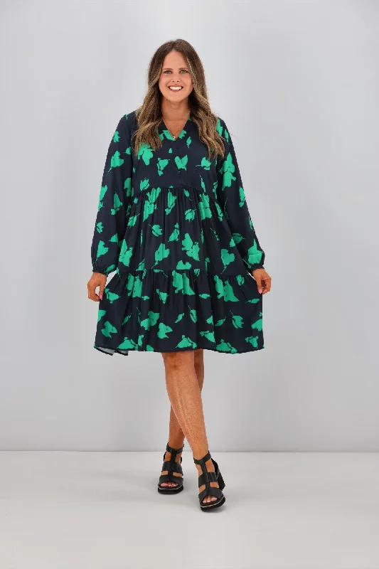 Comfortable Women's Attire Shine On Label Sandra V Neck Baby Doll Dress Navy Green Abstract FloralPrint