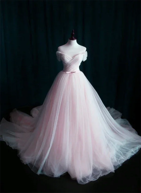 Women's Trendy Outfit Pink Sweetheart Tulle Long Wedding Party Dress With Belt, Pink Formal Gown gh68