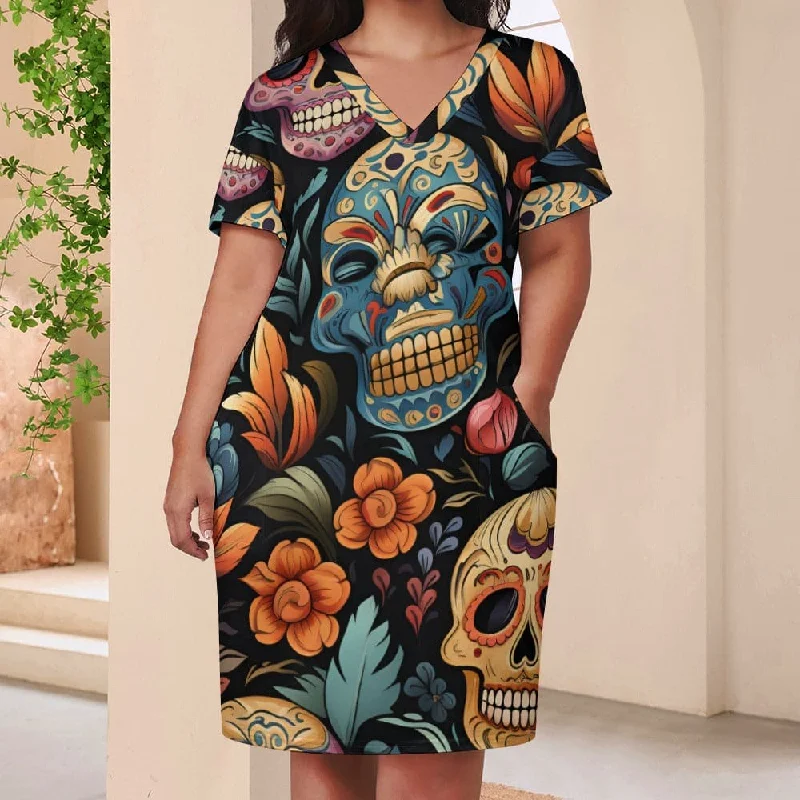 Women's Functional Apparel For Outdoor Activities Sugar Skulls Floral V-Neck Loose Pocket Short Sleeve Dress