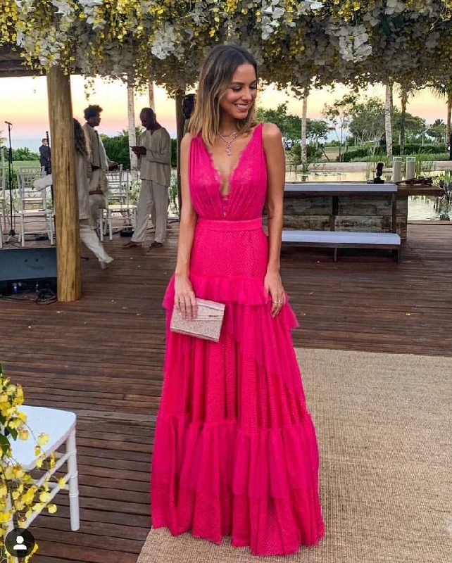 Women's Resort Apparel Pink Elegant Sexy V-neck Lace Spaghetti Straps Long Chiffon Ruffle Ball Gown Evening Dress Wedding Guest Party Dress gh3322