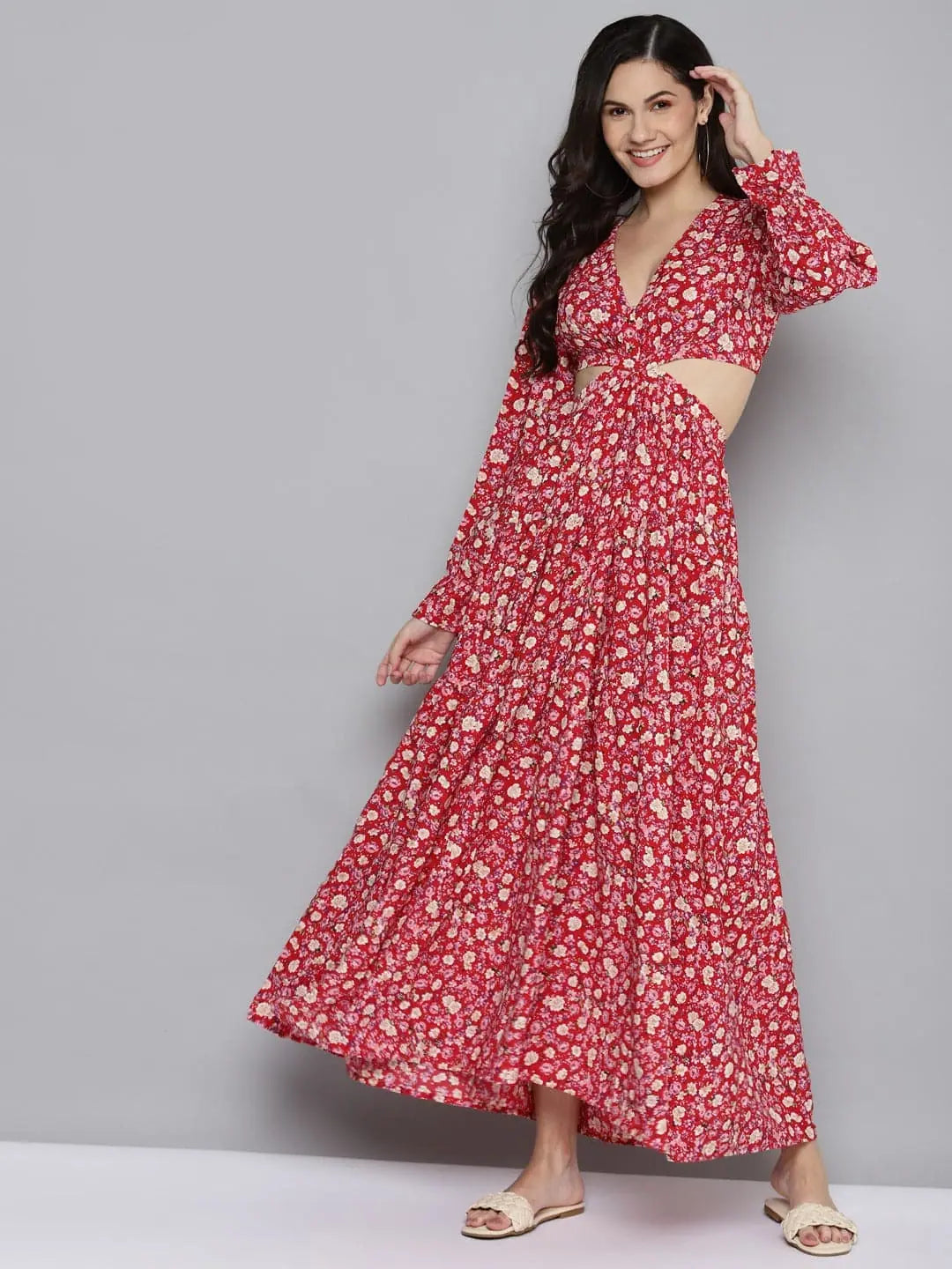 Women's Casual Attire Women Red Ditsy Floral Waist Cut-Out Maxi Dress