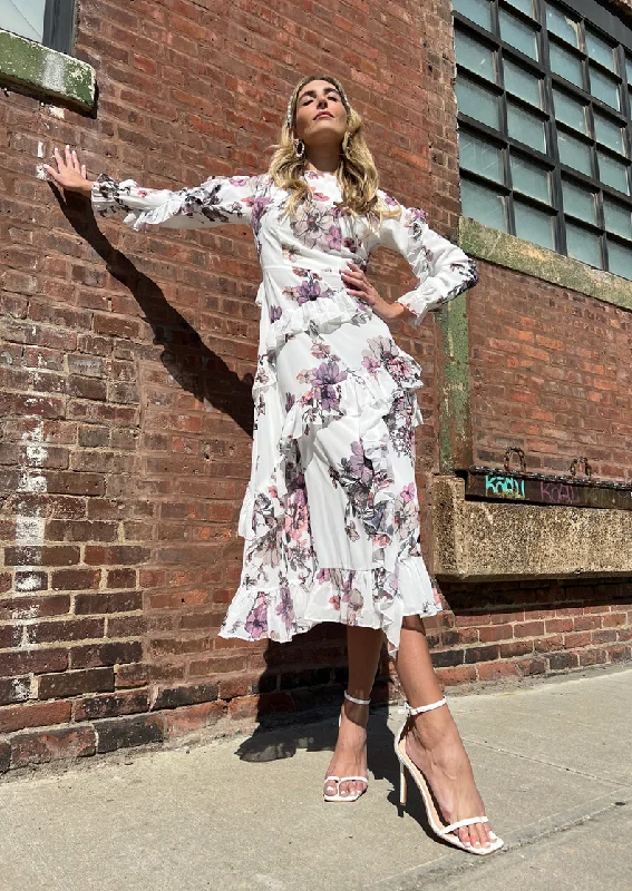 Women's Floral Print Outfit Legally Red Floral Ruffled Maxi Dress