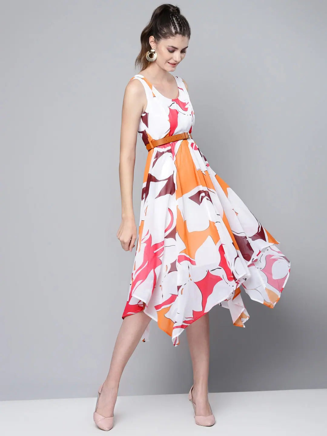 Stylish Outerwear Clothes For Women Orange Floral Asymmetric Belted Midi Dress