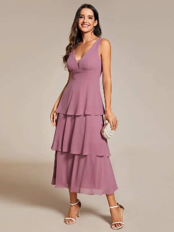 Women's Evening Apparel Spaghetti Strap Tiered Ruffle Hem Midi Length Wedding Guest Dress