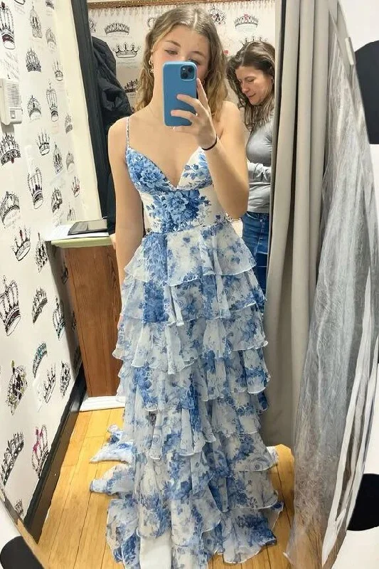 Women's Travel Apparel Blue Floral Print V Neck A-Line Spaghetti Straps Ruffles Tiered Slits Long Graduation Dress Evening Gown Prom Dress Wedding Guest Party Dress gh3182