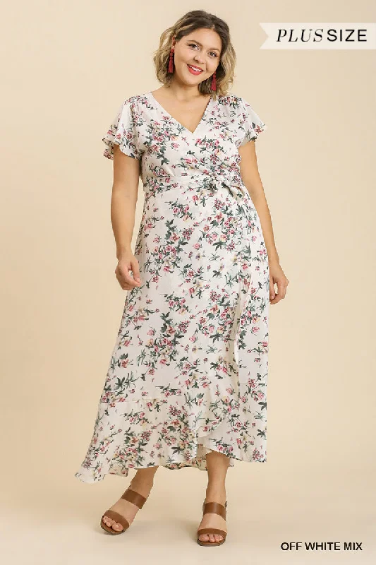 Charming Women's Clothes For Special Events Plus Floral Print Wrapped Short Ruffle Sleeve Maxi Dress With No Lining