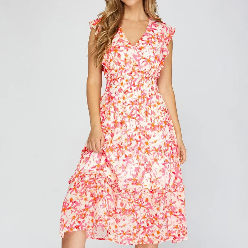 Women's Comfy Attire For Lounging She +Sky Women's Floral Print Ruffle Dress