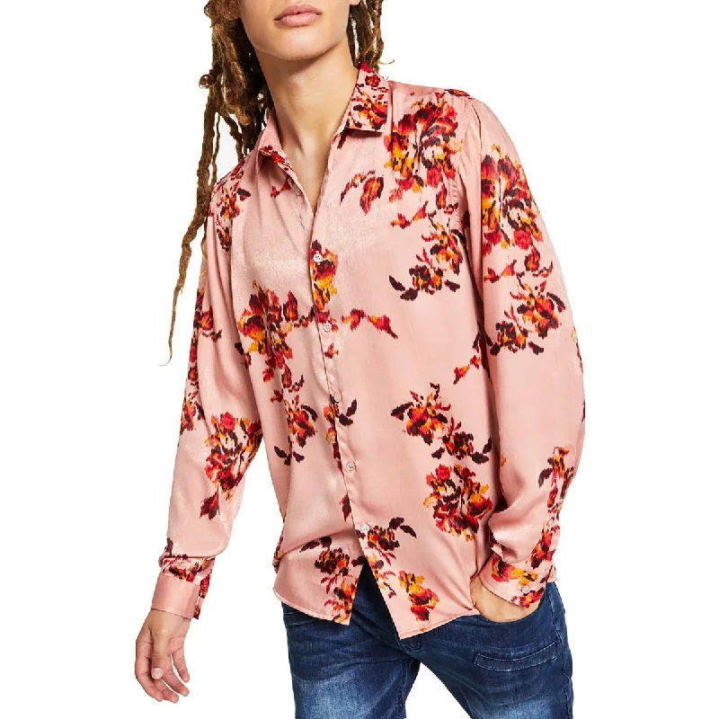 Women's Everyday Clothes INC Mens Satin Floral Button-Down Shirt