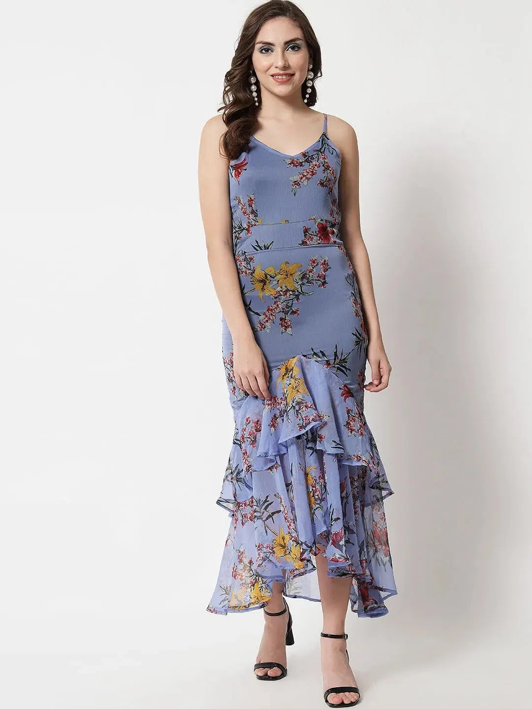 Formal Clothing For Women Blue Floral Print Frill Dress