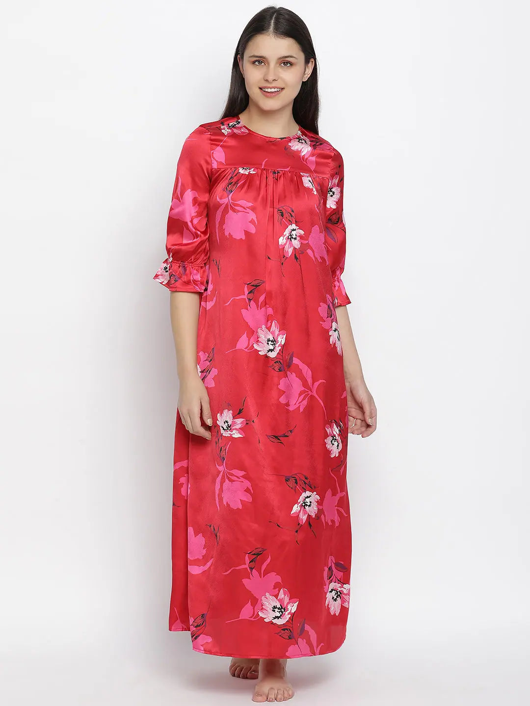 Women's Holiday Apparel Carmine red floral satin print women nightwear dress