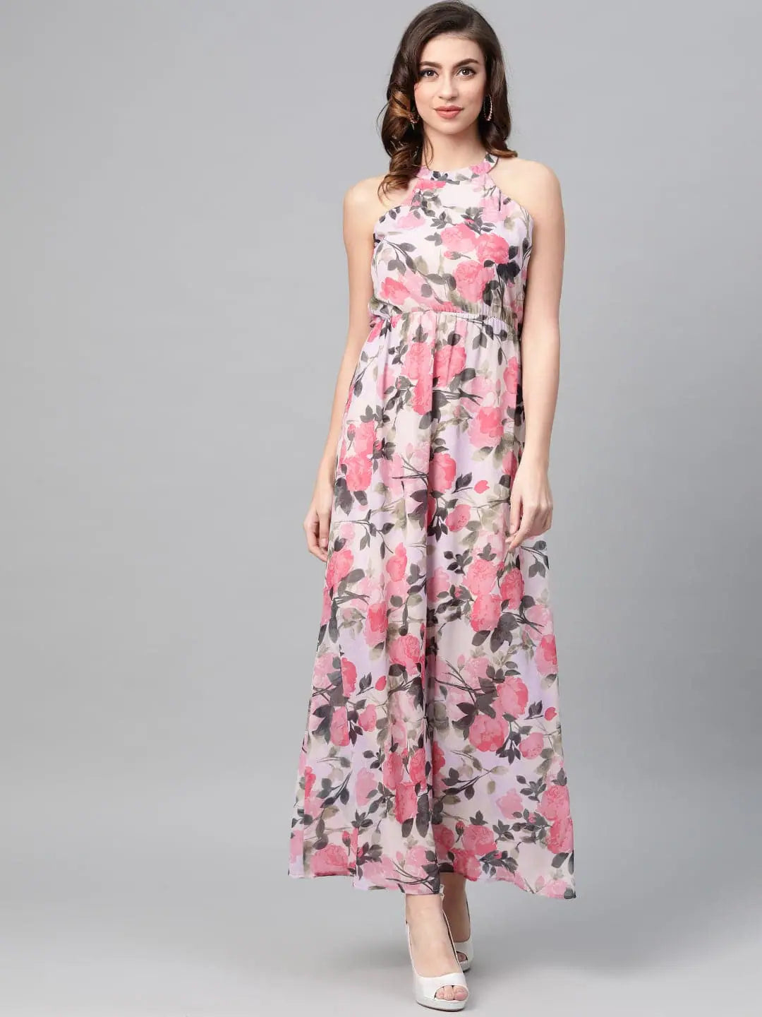 Women's Clothing For Outdoor Events Beige Floral Halter Neck Maxi Dress