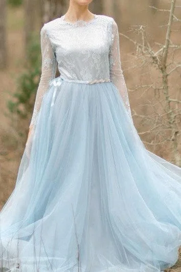 Women's Athletic Garments Wedding Tulle Tulle With Lace Bodice With Lace Sleeves Wedding Designers Wedding Gray Bridal Blue Bride Dress