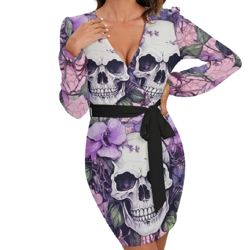 Women's Clothes Women's Purple Floral Skulls Long Sleeve Dress With Waist Belt