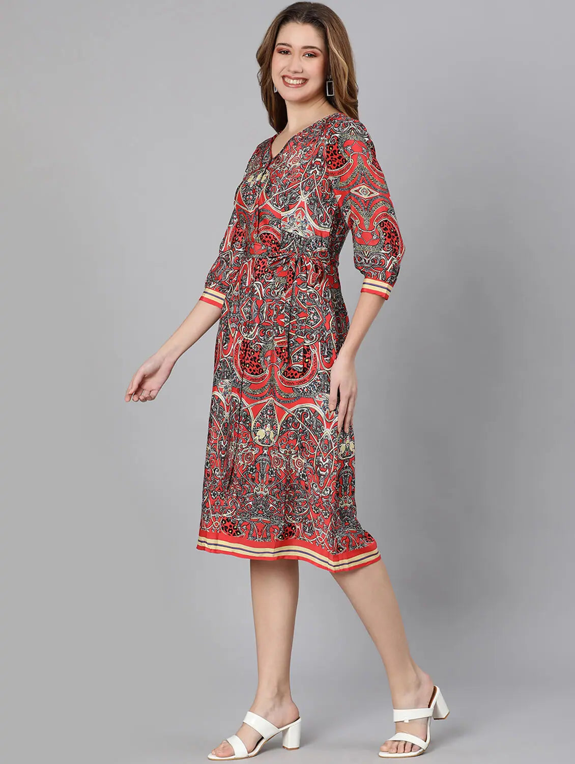 Women's Resort Apparel Dearly Red Floral Print Tie -Knotted Women Dress