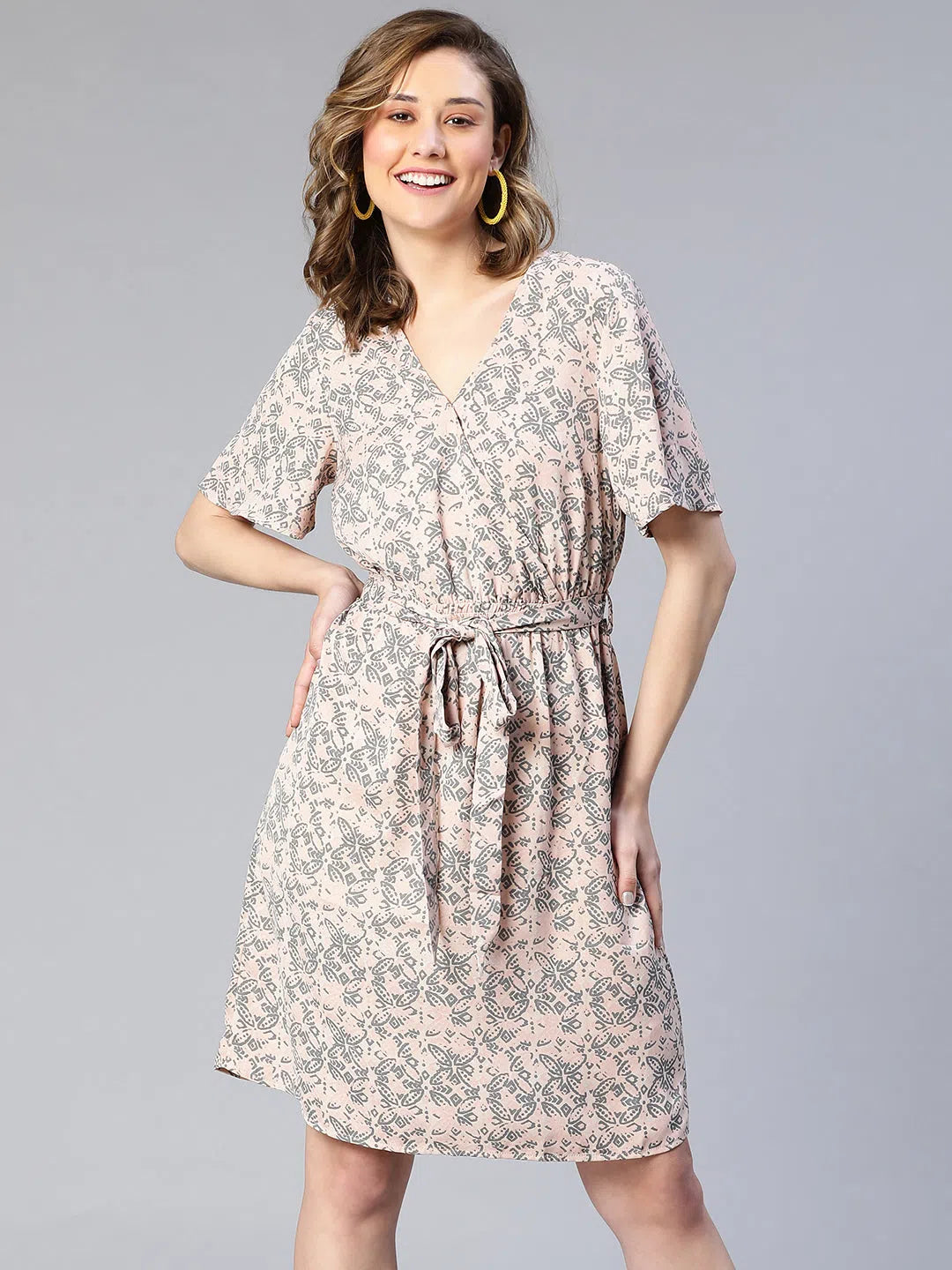 Casual Apparel For Women Women Dusty Pink Floral Print Tie-Knot Belted Polyester Dress-S23024WDR001