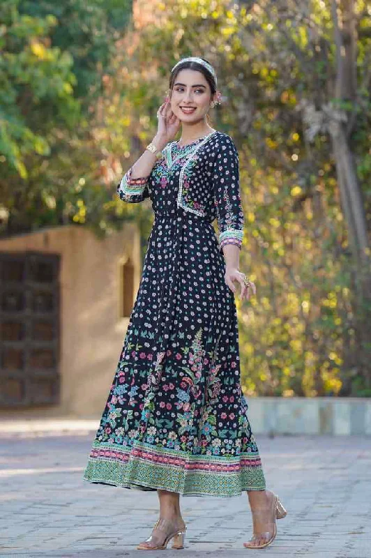 Women's Active Outfit For Fitness Juniper Black Festive Floral Printed Rayon Anarkali Dress.