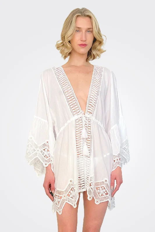 Women's Stylish Vacation Attire April Lace Coverup Mini Dress - White