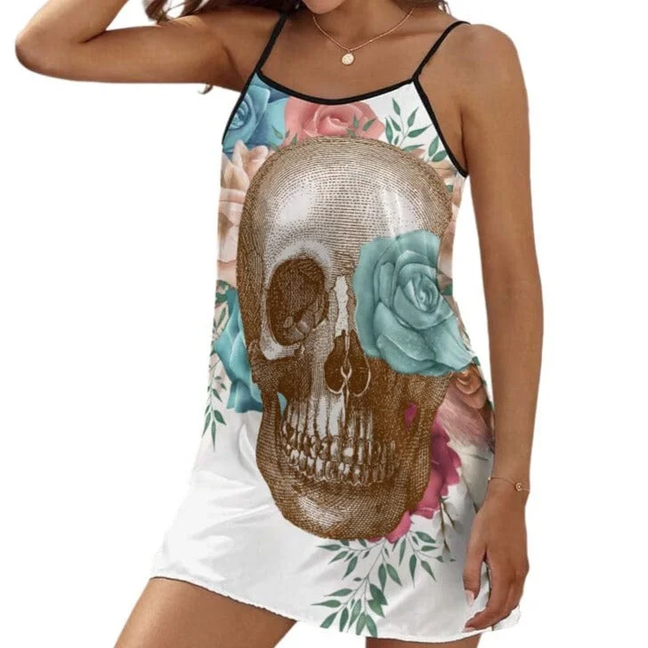 Women's Transitional Apparel Ladies Skull Blue Floral V-Neck Slip Dress