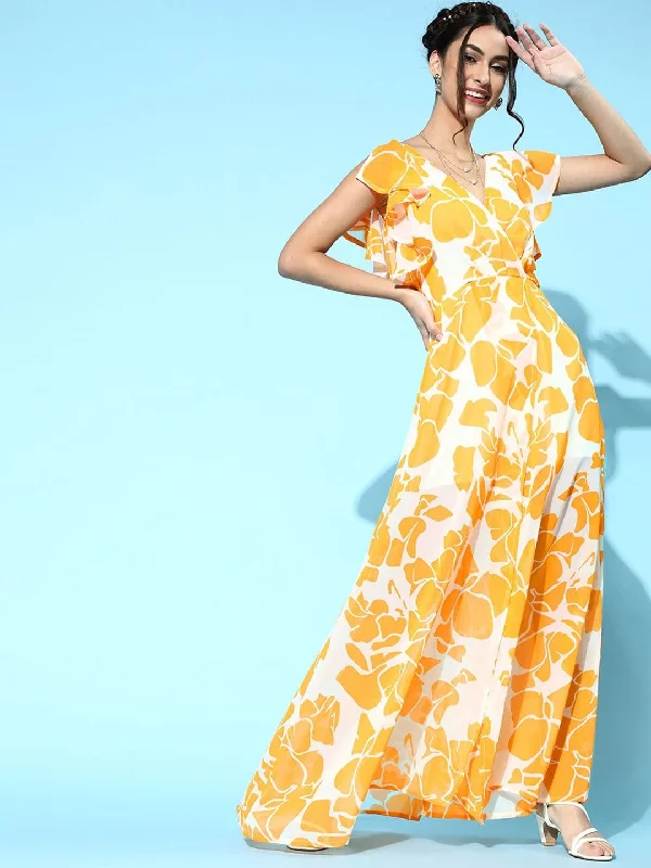 Women's Travel Apparel Mustard Floral Frill Sleeve Maxi