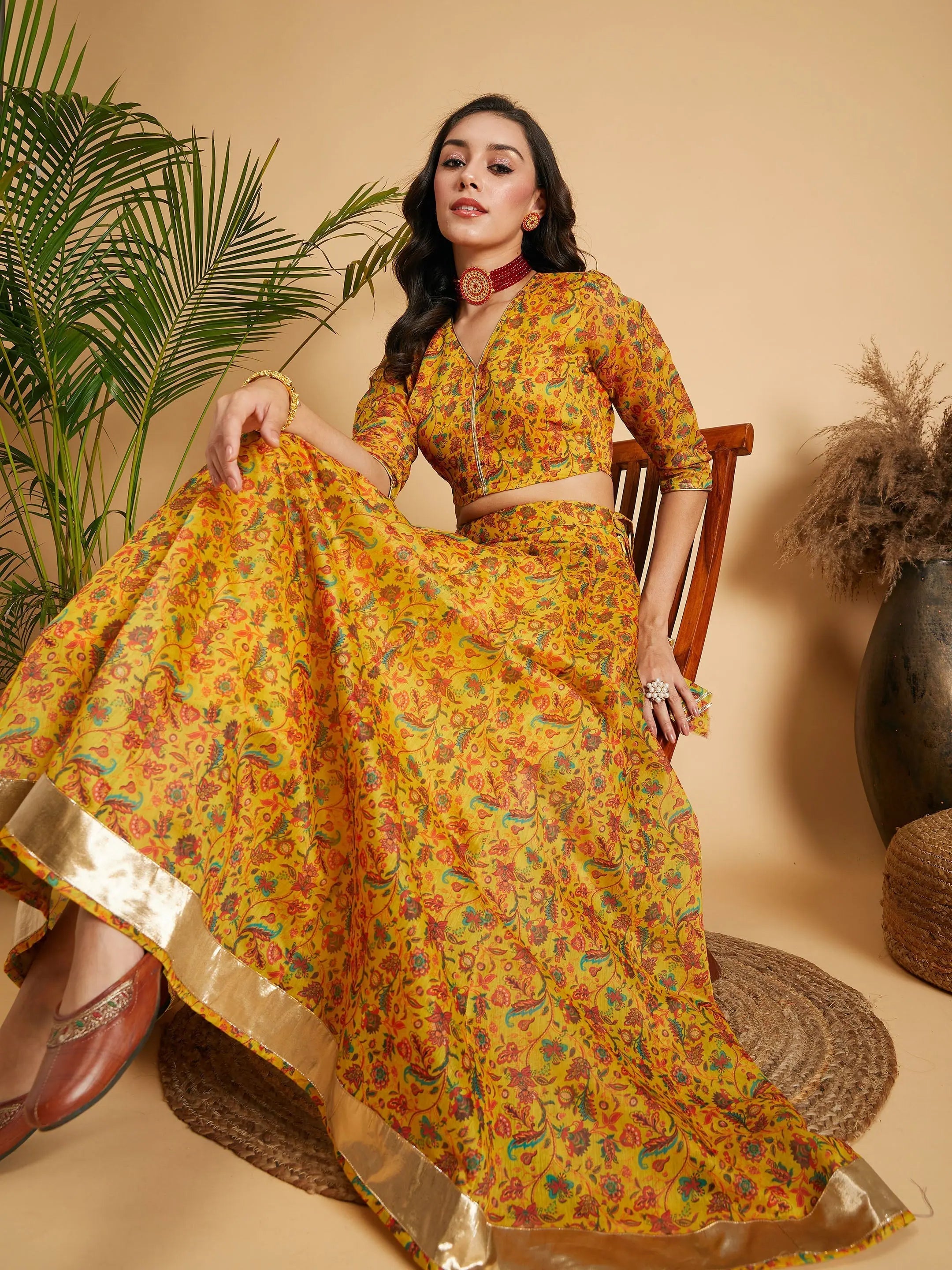 Women's Relaxed Clothes Women Mustard Floral Anarkali Skirt With Crop Top