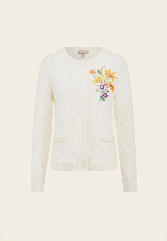 Affordable Fashion Clothing For Women White Wool Floral Embroidered Cardigan