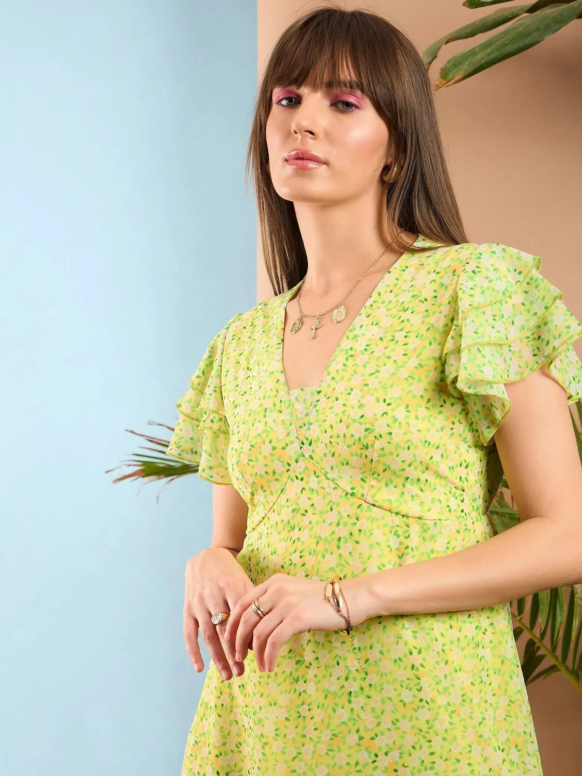 Comfortable Women's Apparel Women Lime Yellow Ditsy Floral Flared Sleeve Midi Dress