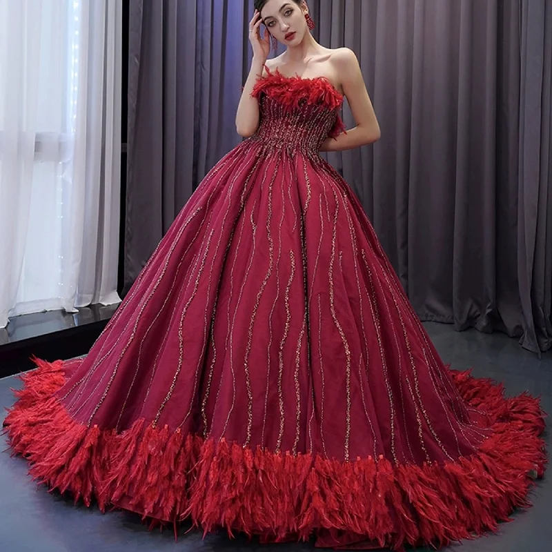 Women's Travel Attire Burgundy Ball Gown Wedding Dress With Feather Beaded Quinceanera Gown