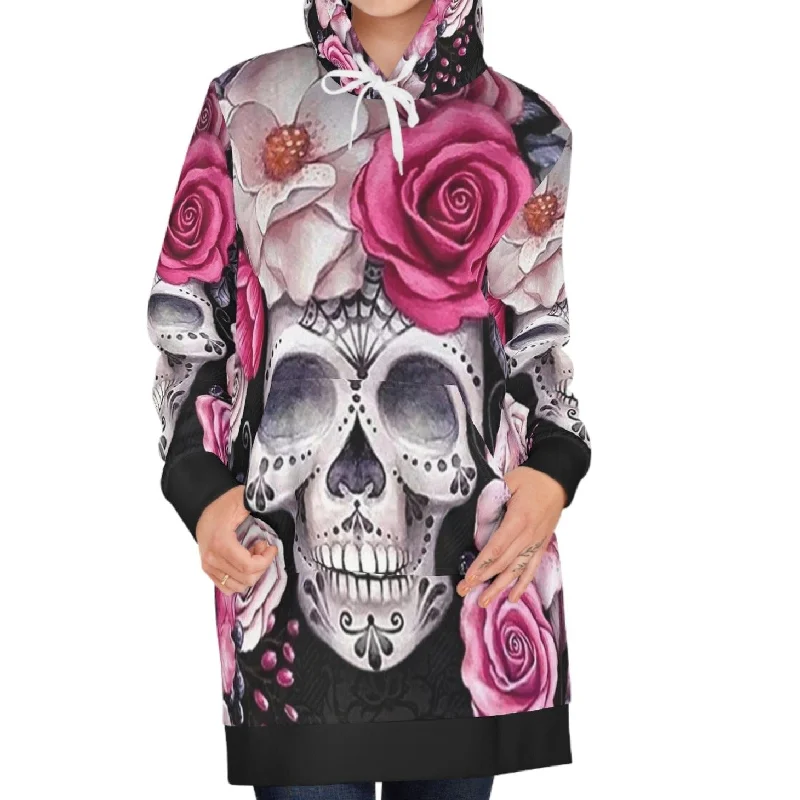 Women's Casual Wear Clothes Women's Skull Pink Rose Floral Hoodie Dress