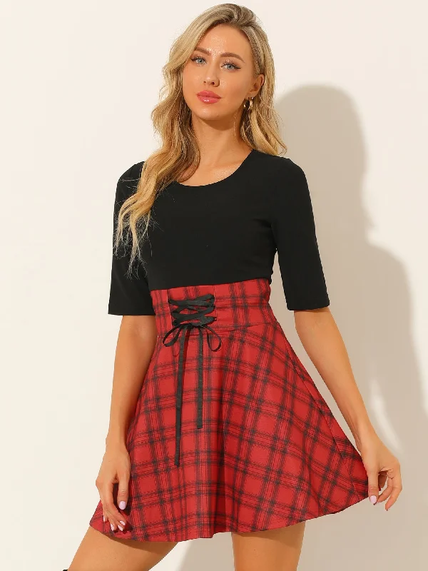 Women's Outerwear Clothing Valentine Plaid Stitching Round Neck Half Sleeve A-Line Mini Dress