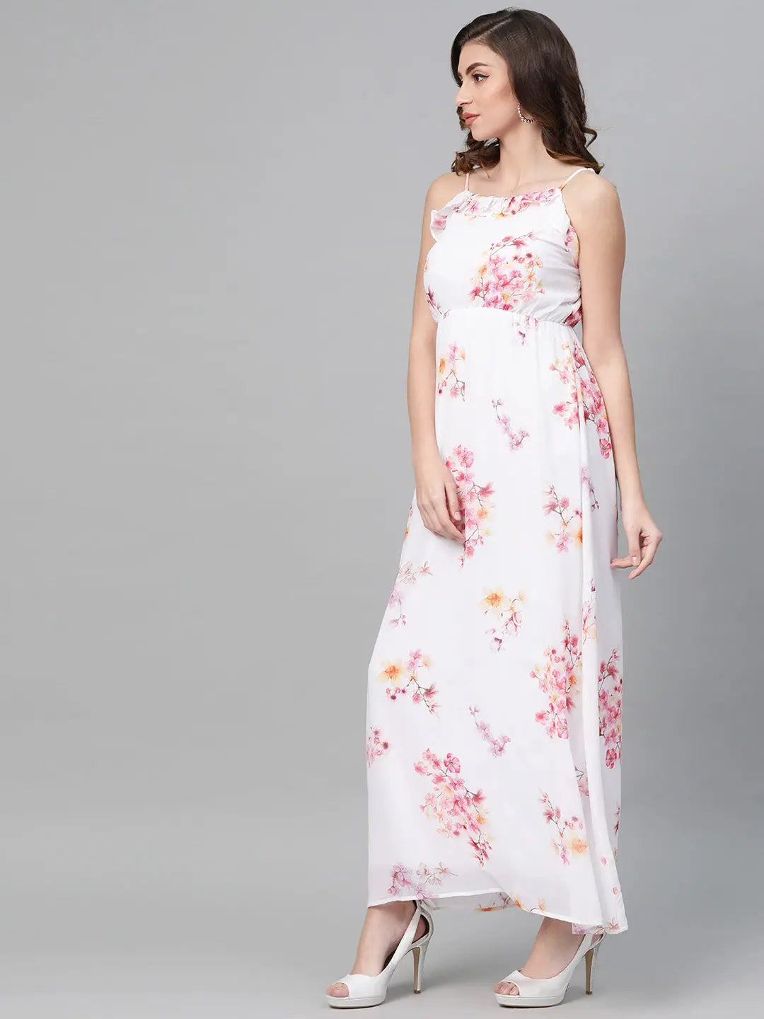 Trendy Athleisure Clothing For Women Off-White Floral Strappy Maxi Dress