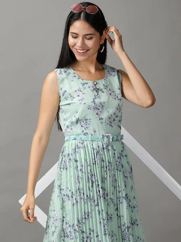 Women's Seasonal Wardrobe Clothing Women's Green Floral Fit and Flare Dress-KG-502-Green