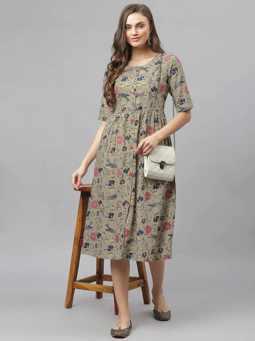 Women's Stylish Professional Garments Stylum Women's Floral Printed Rayon Midi Flared Dress