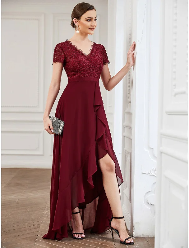 Women's High-Fashion Attire A-Line Cocktail Dresses Dress Wedding Party Asymmetrical Short Sleeve V Neck Lace with Slit