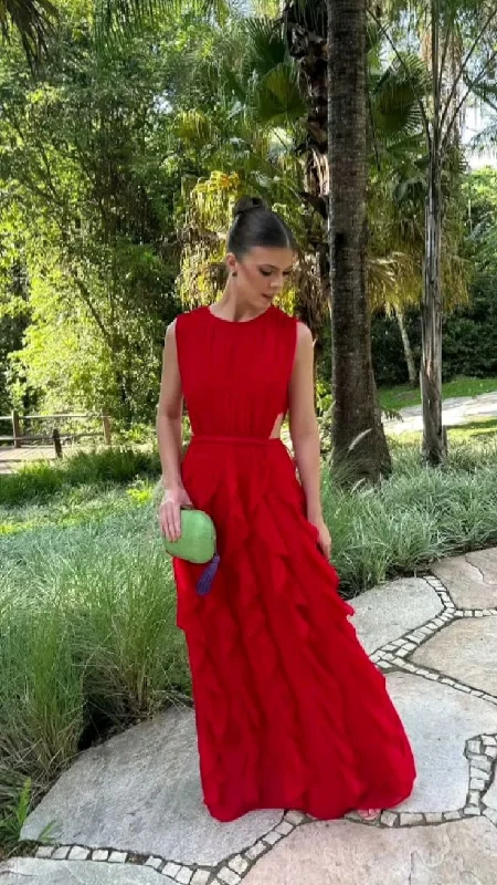 Women's Vintage Clothes Red fashion unique round neck exposed waist ruffle long chiffon ball gown evening dress wedding guest party dress gh3098