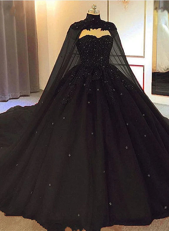 Women's Clothing Outfit Set Black Tulle Ball Gown Wedding Party Dress with Cap, Black Lace Formal Gown