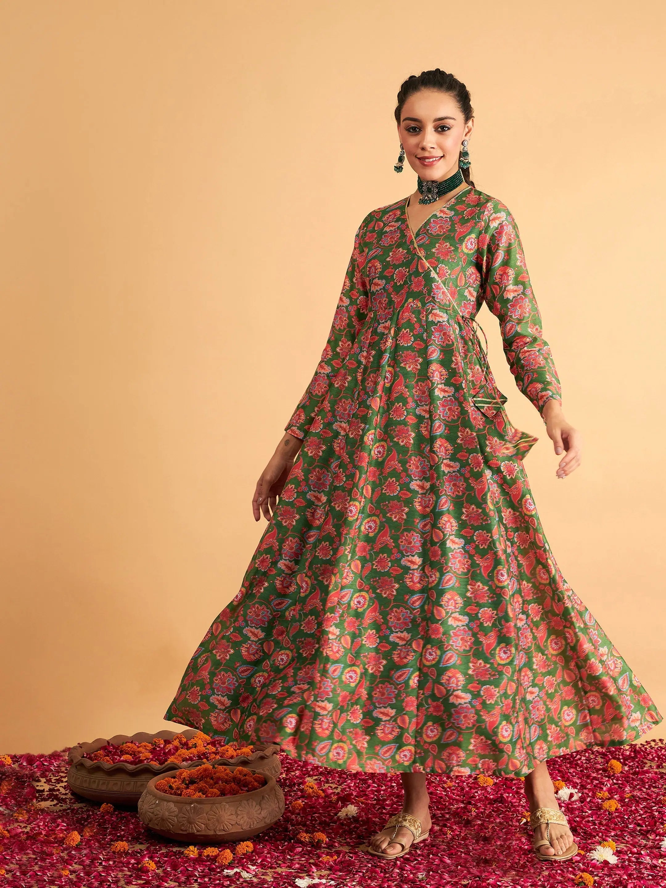 Women's Clothes For Special Occasions Women Green Floral Wrap Anarkali Maxi Dress