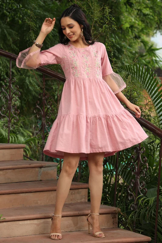 Women's Office Outfit Juniper Blush Pink Floral Printed Cotton Slub Tiered Short Dress With Thread Work Embroidery