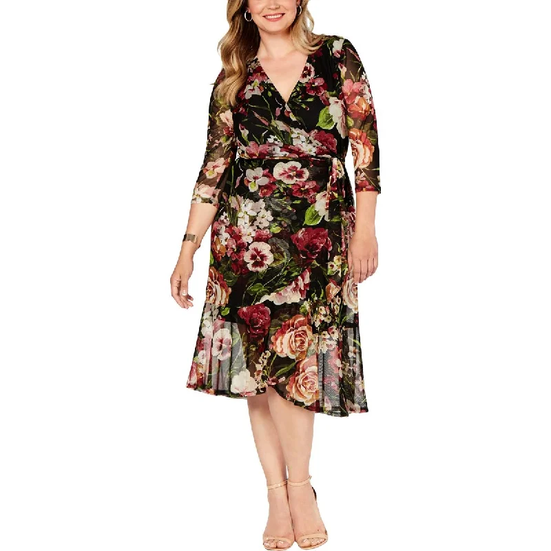 Women's Elegant Clothes Connected Apparel Womens Plus Mesh Floral Print Wrap Dress