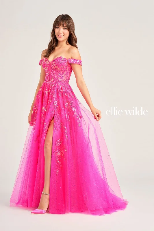 Women's Comfortable Lounge Attire Ellie Wilde EW35058 Long Beaded Ball Gown Prom Dress