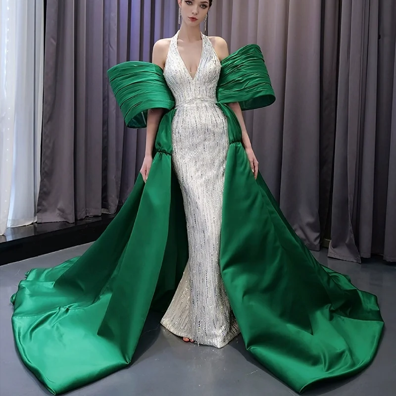 Women's Comfy Attire For Lounging V-neck Halter Green Satin Mermaid Wedding Dress Formal Gown