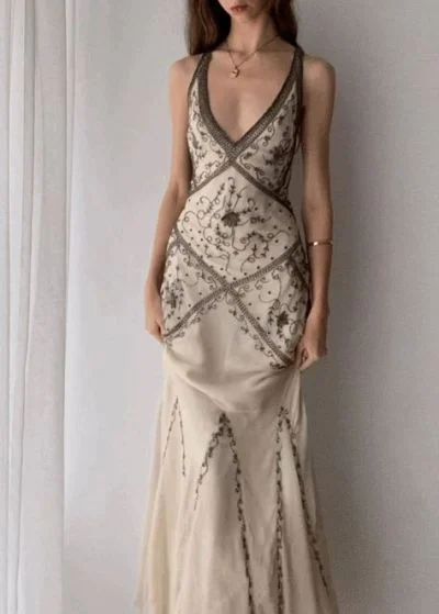 Classic Women's Apparel beige V neck exquisite elegant floral pattern long evening dress prom dress gh2941