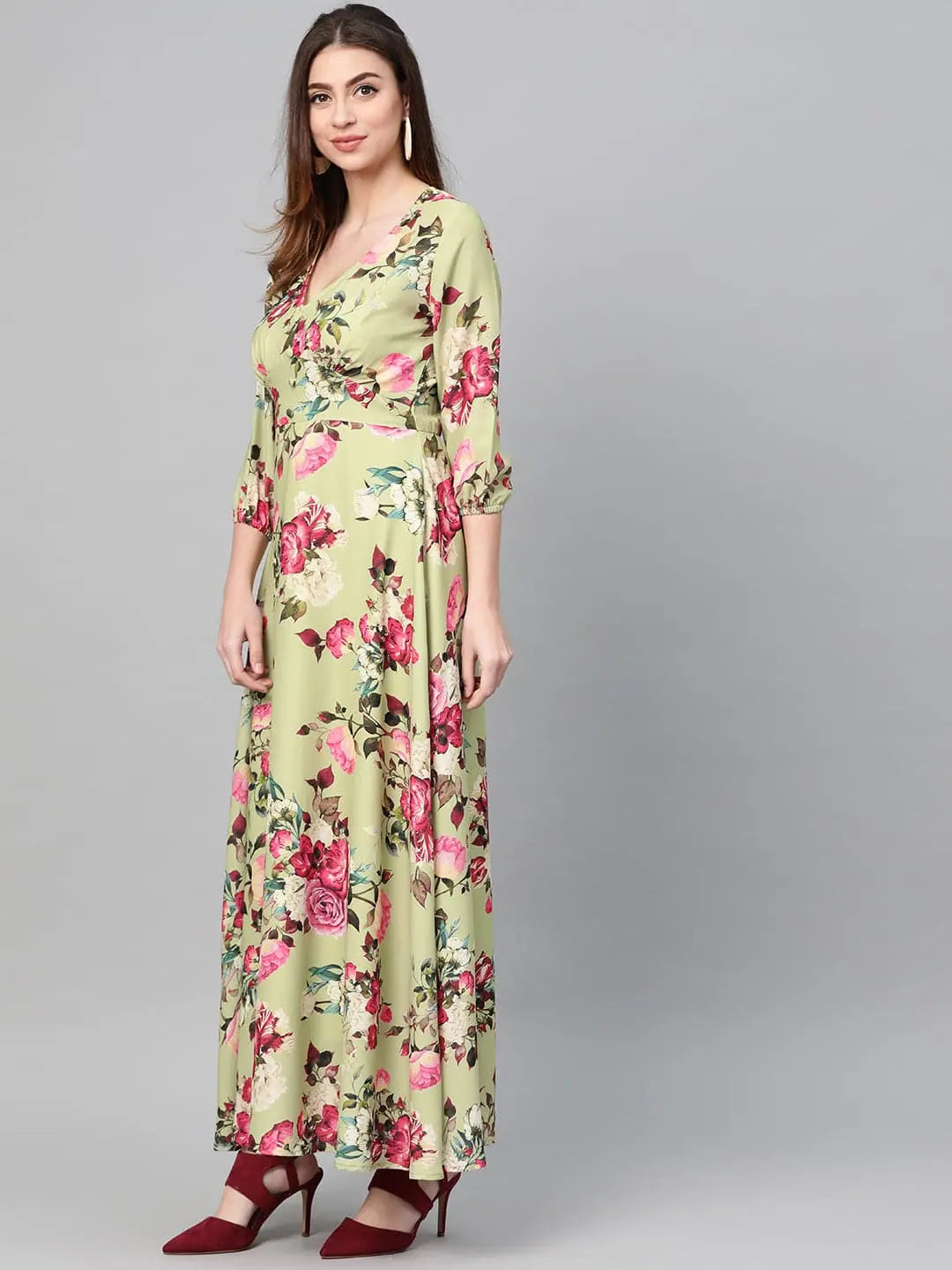 Women's Occasion Wear Clothing Green Floral Flared Maxi Dress