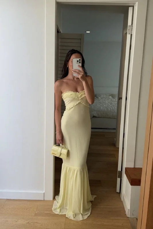 Women's Athleisure Apparel Yellow Fashion Tube Top Long Chiffon Elegant Ball Gown Evening Dress Wedding Guest Party Dress gh3326